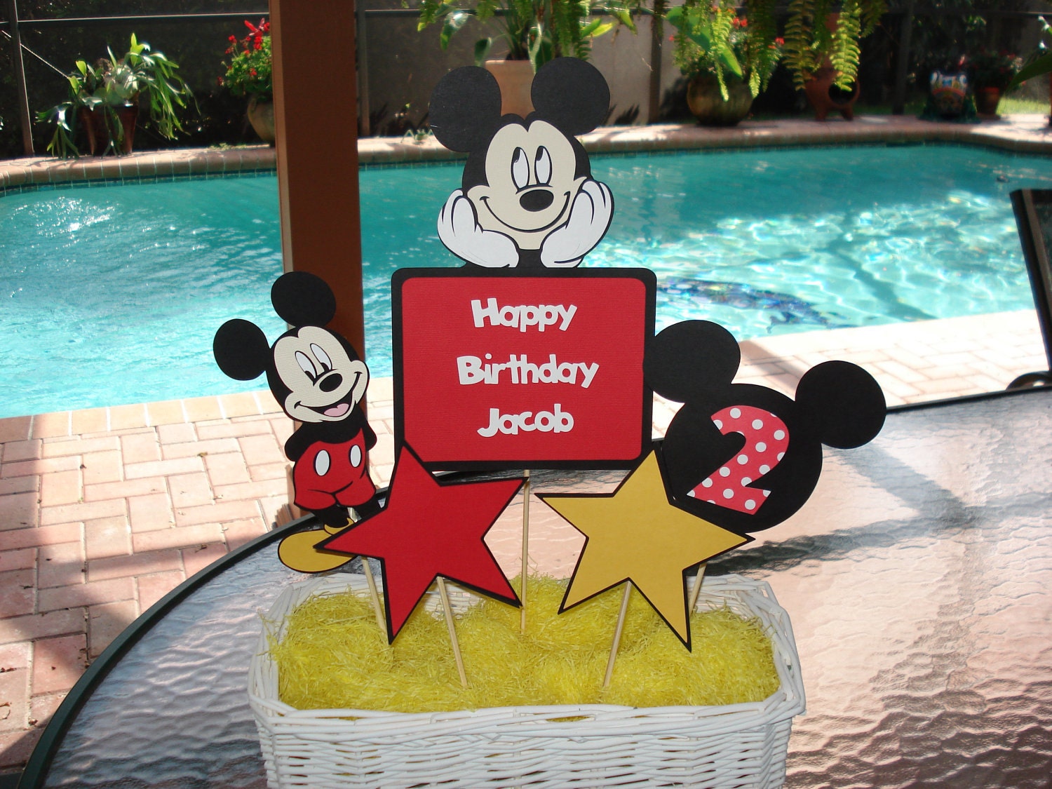Mickey Birthday Centerpiece- Set of 5 Picks- Red and Yellow- Happy Birthday Centerpiece- Mickey Mouse Centerpiece