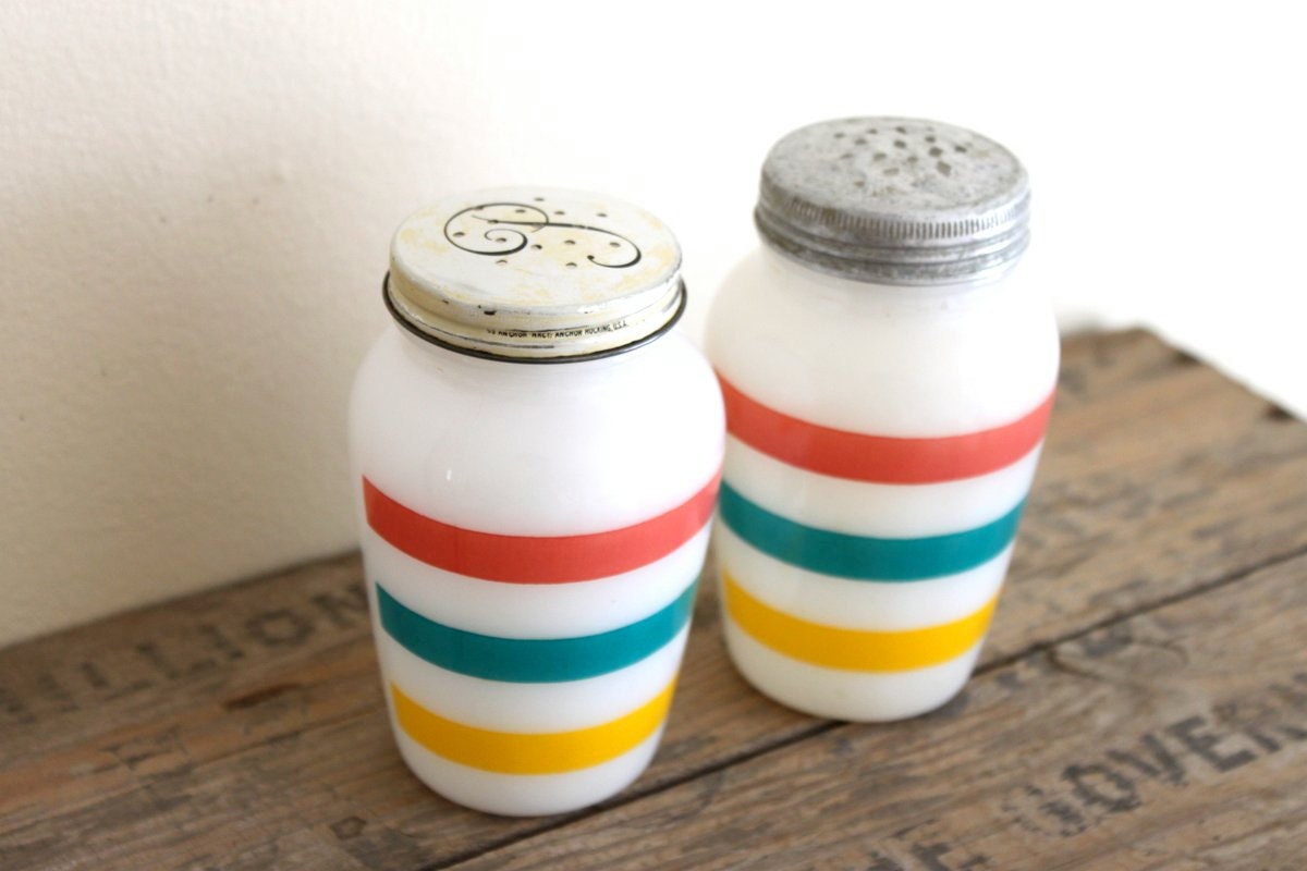 Vintage Salt and Pepper Shakers - Fire King Anchor Hocking Striped Milk Glass
