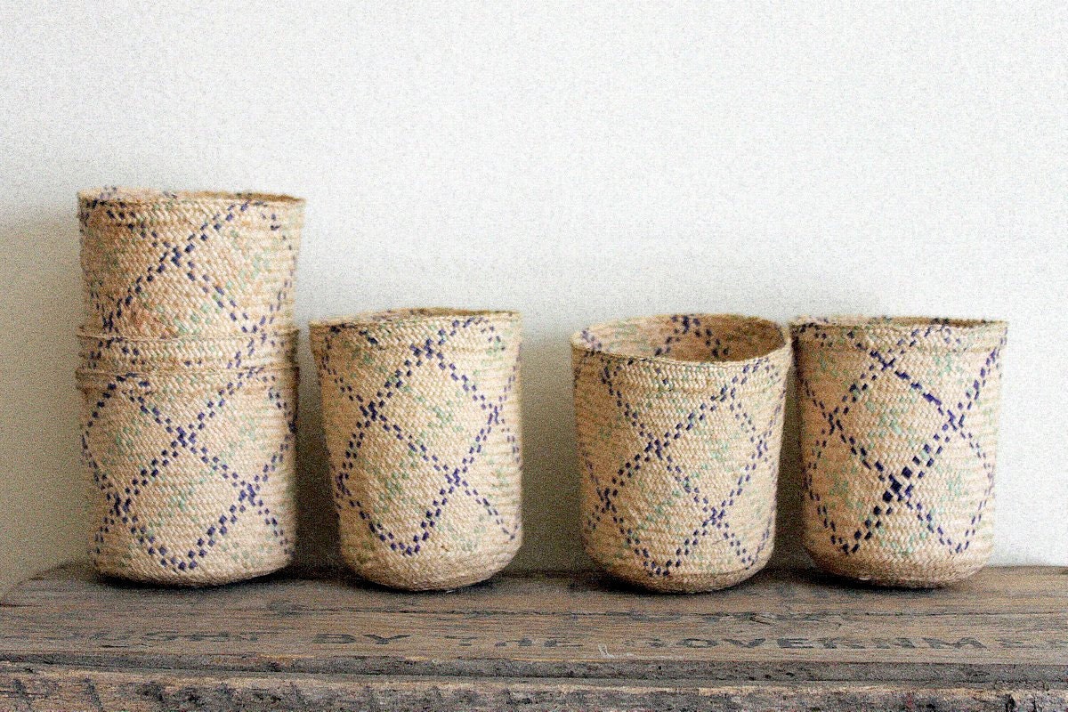 Vintage Baskets - Nesting Small Woven Set with Blues