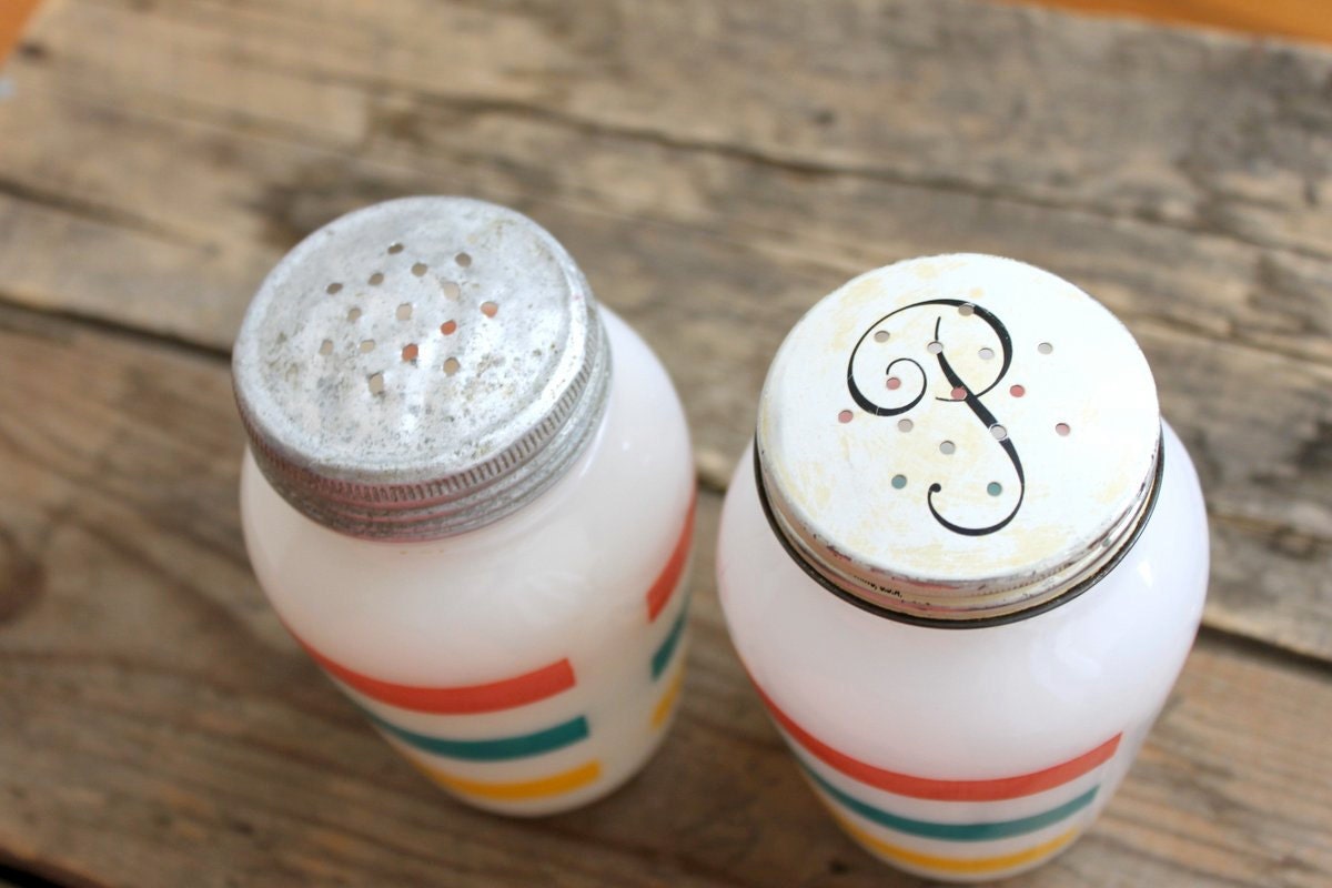 Vintage Salt and Pepper Shakers - Fire King Anchor Hocking Striped Milk Glass