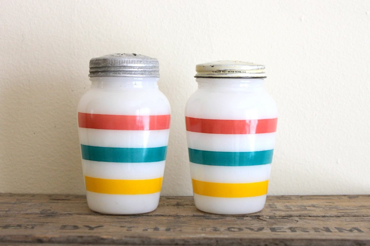 Vintage Salt and Pepper Shakers - Fire King Anchor Hocking Striped Milk Glass