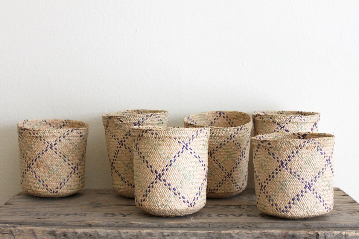 Vintage Baskets - Nesting Small Woven Set with Blues