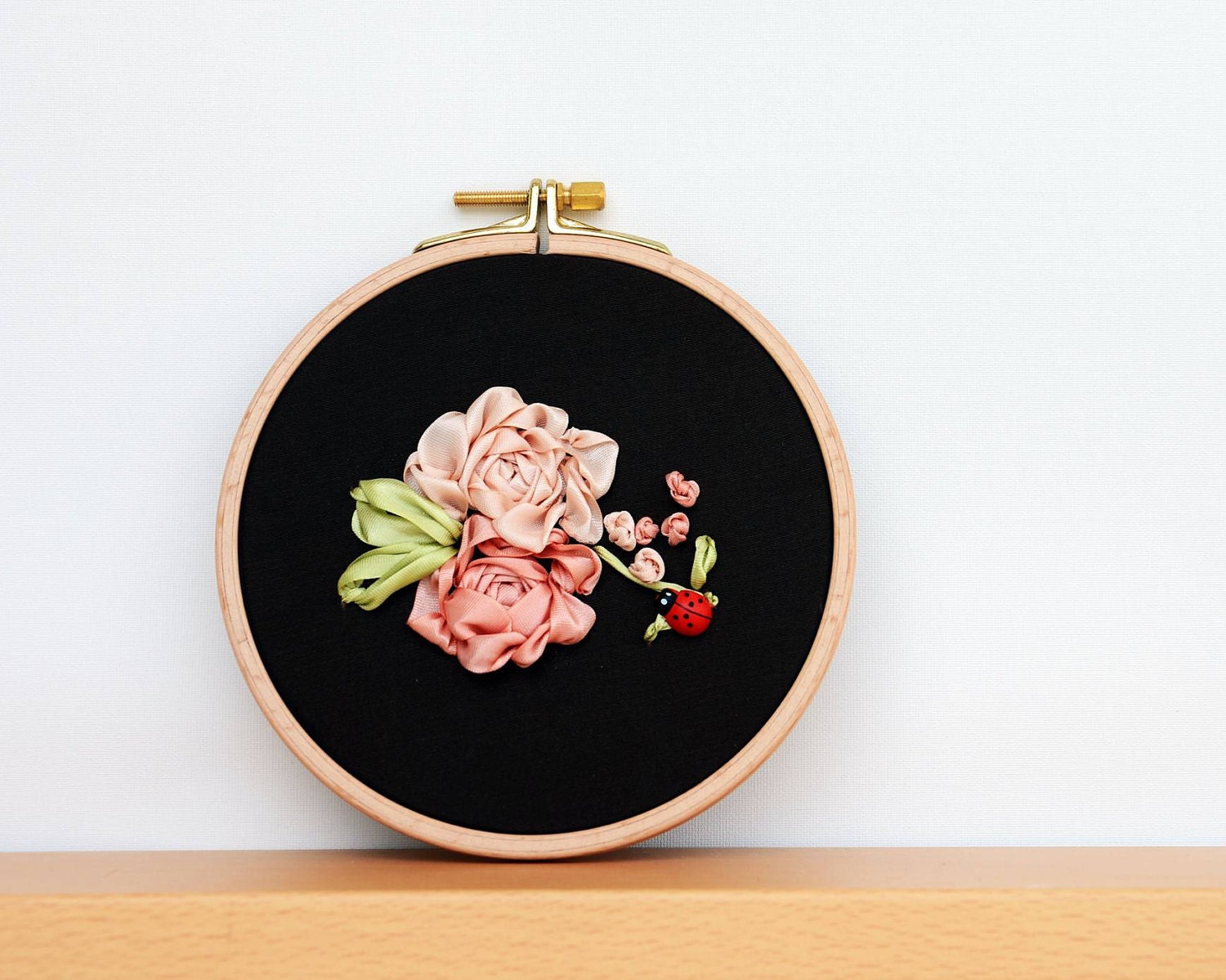 Hand embroidered wall art - A chic bouquet of roses and buds - Silk ribbon embroidery on taffeta