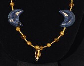 Blue Porcelain Crescents and Gold Glass Beadwork Statement Necklace