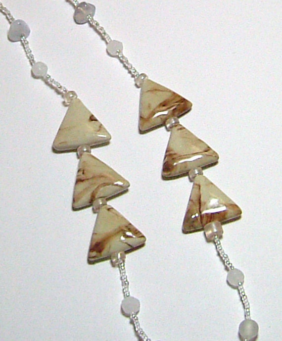 Creamy Brown Marbled Porcelain Triangles with White Glass Beadwork Statement Necklace
