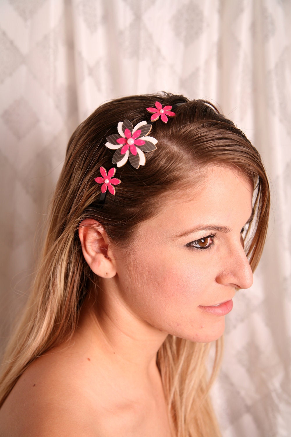 Women headband, Pink headband, Black white hair accessory, Girl headband, Women hair accessory, Girl hair accessory, Flower headband, hair