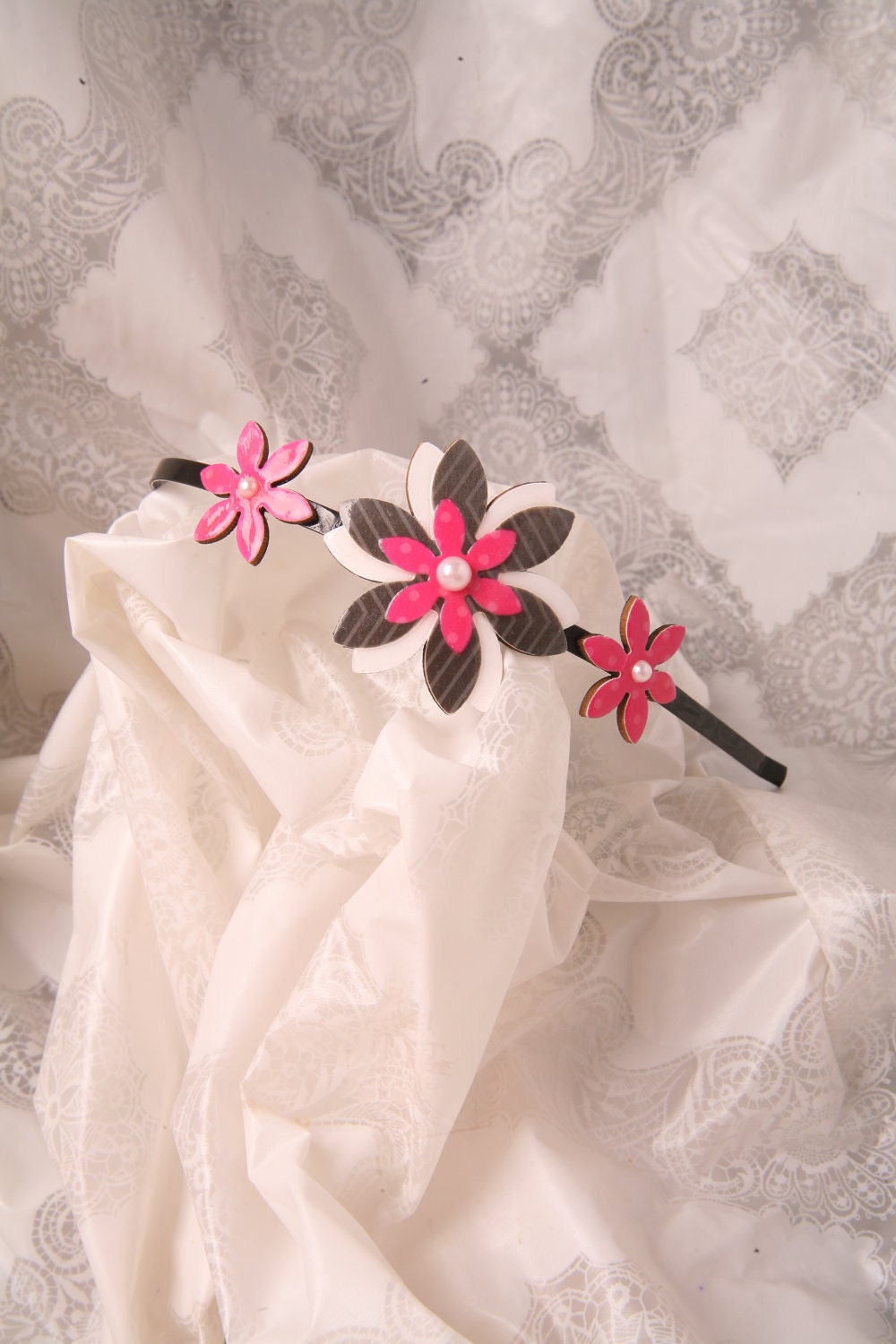 Women headband, Pink headband, Black white hair accessory, Girl headband, Women hair accessory, Girl hair accessory, Flower headband, hair
