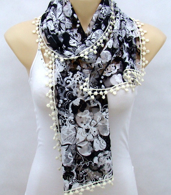 The new spring and summer lace scarf, black and white flowers scarf, soft scarf, fashionable woman accessories