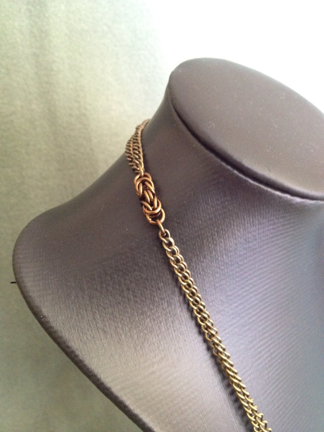 Reserved long necklace in vintage bronze with bronze , bleu and grey beads