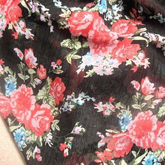 Chiffon Fabric Light Black Background Red Peony DIY Handmade 59'' width 1 yard