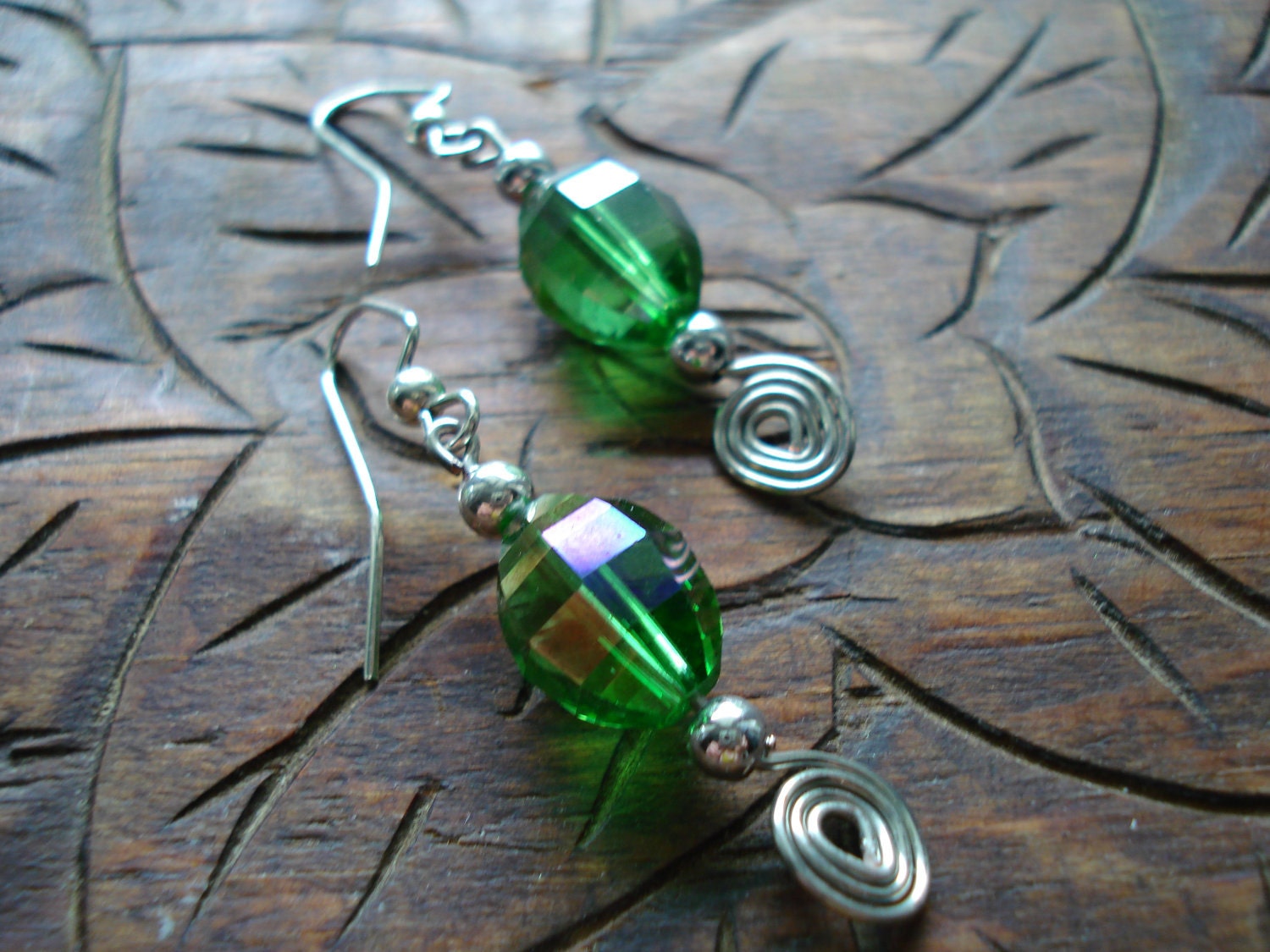 Watermelon green crystal swirl earrings