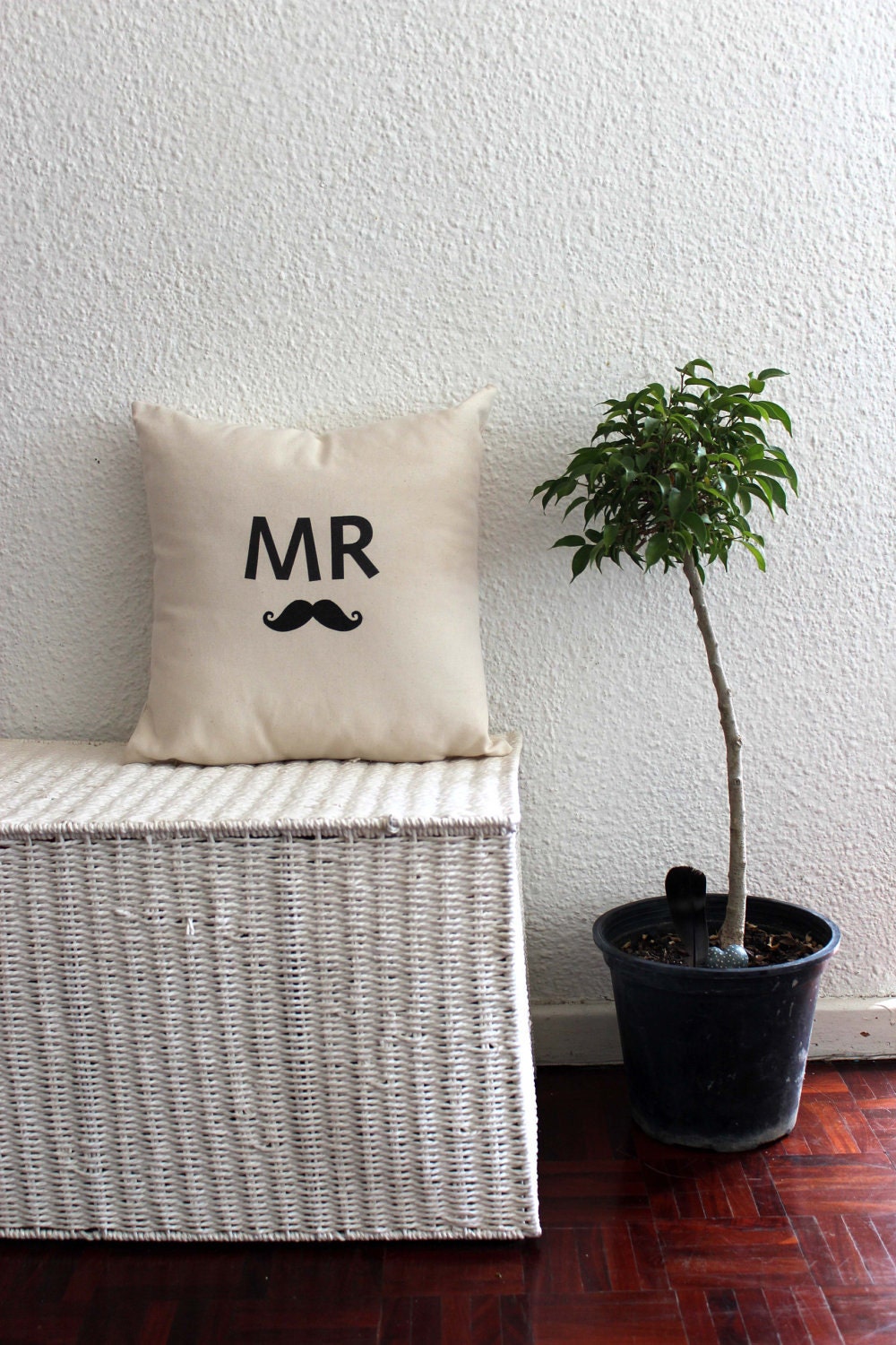 Mr Moustache Pillow Cover 16x16 inch Throw Cushion, Cute and Quirky Typographic Retro Decor For Newlyweds