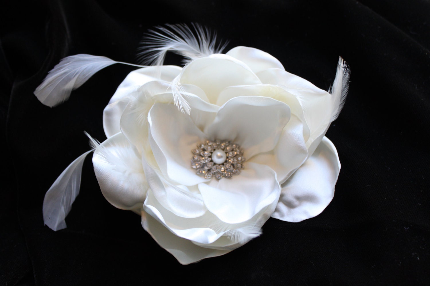 Ivory Bridal Fascinator with feather accent and rhinestone pearl center