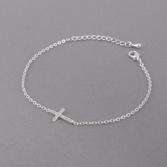 Rhinestone Sideway Cross Bracelet in Silver