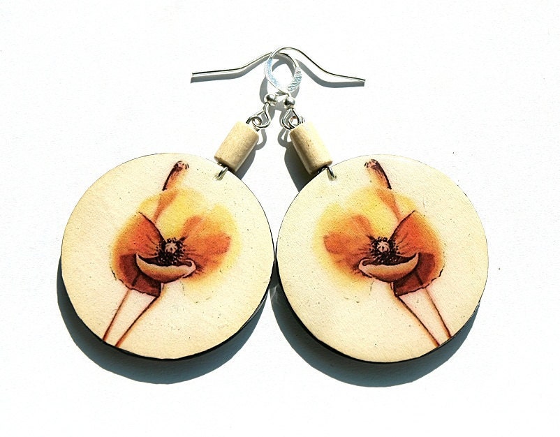 Decoupage earrings. Delicate earrings with a floral(poppy field) motif in summer colors: Beige, yellow, brown. The glass effect, handmade. - ShoShanaArt