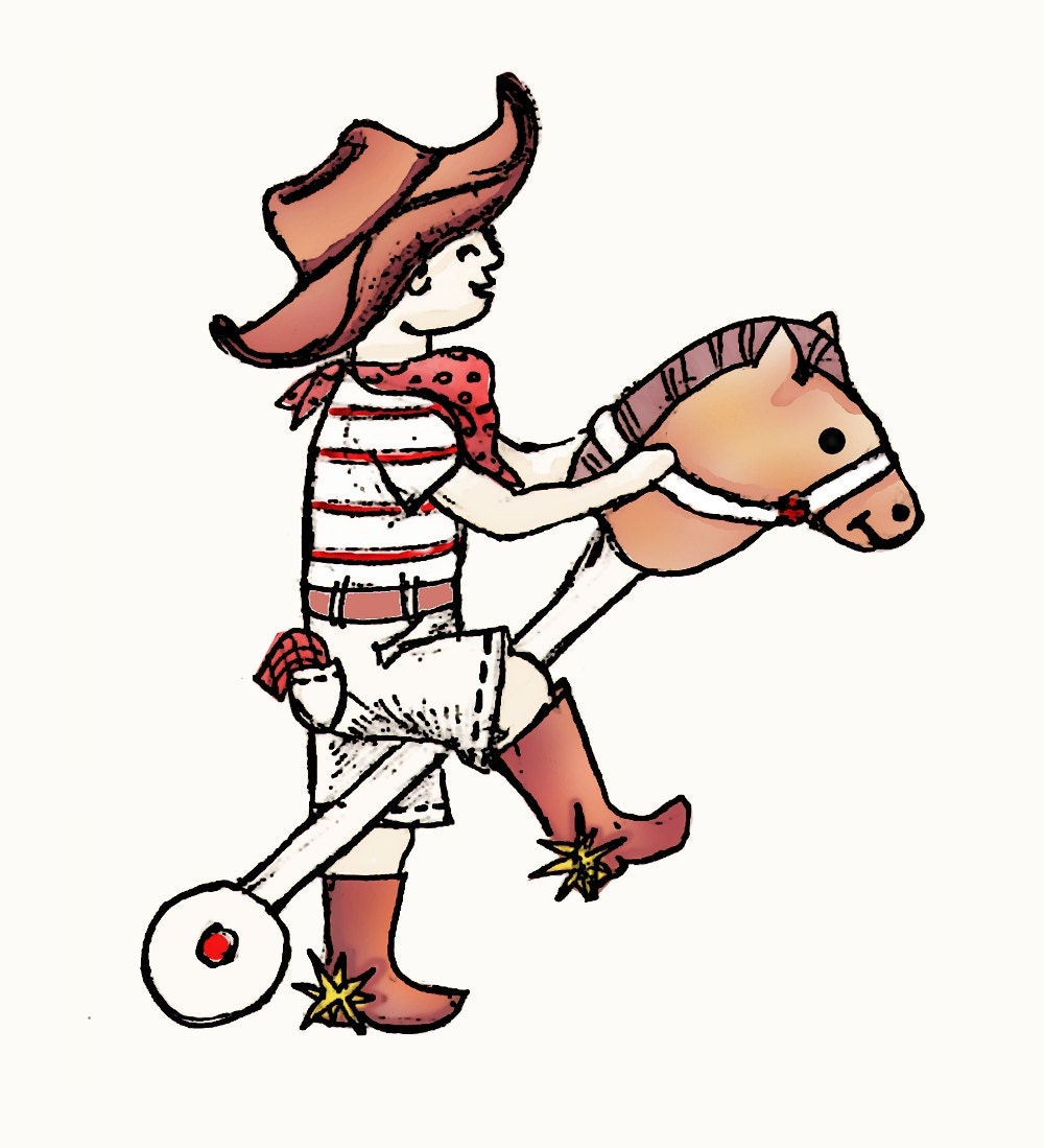 Ride 'em Cowboy, brown 8x10 illustration, children's art print, baby boys room