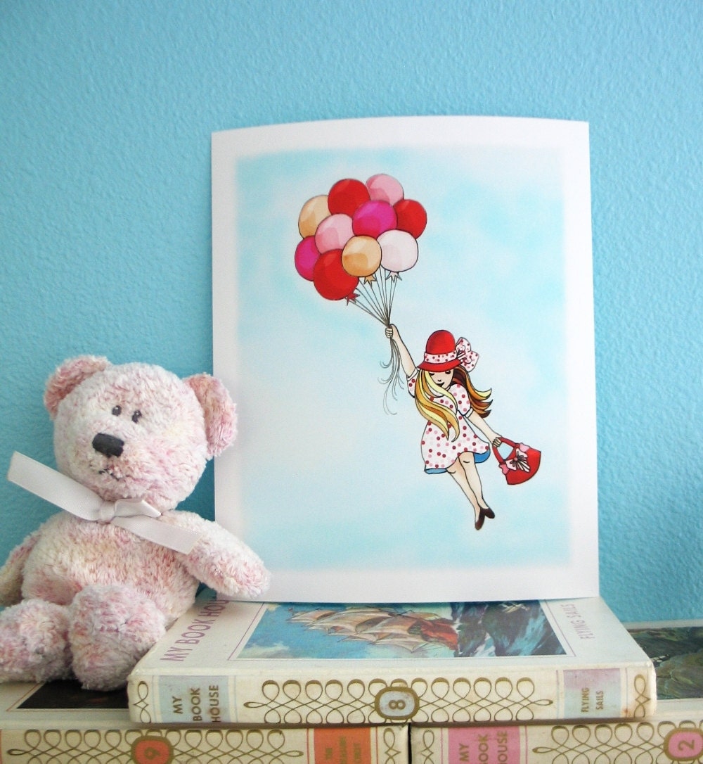 balloon girl, kids wall art, red and pink, polka dot dress, childrens art print 8x10
