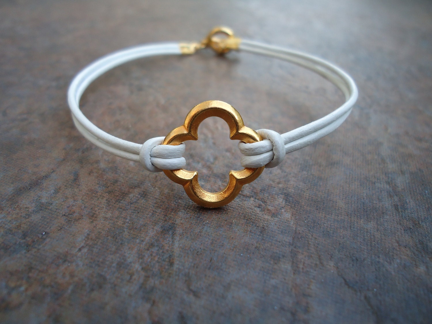 White Leather Gold Quatrefoil Clover Bracelet