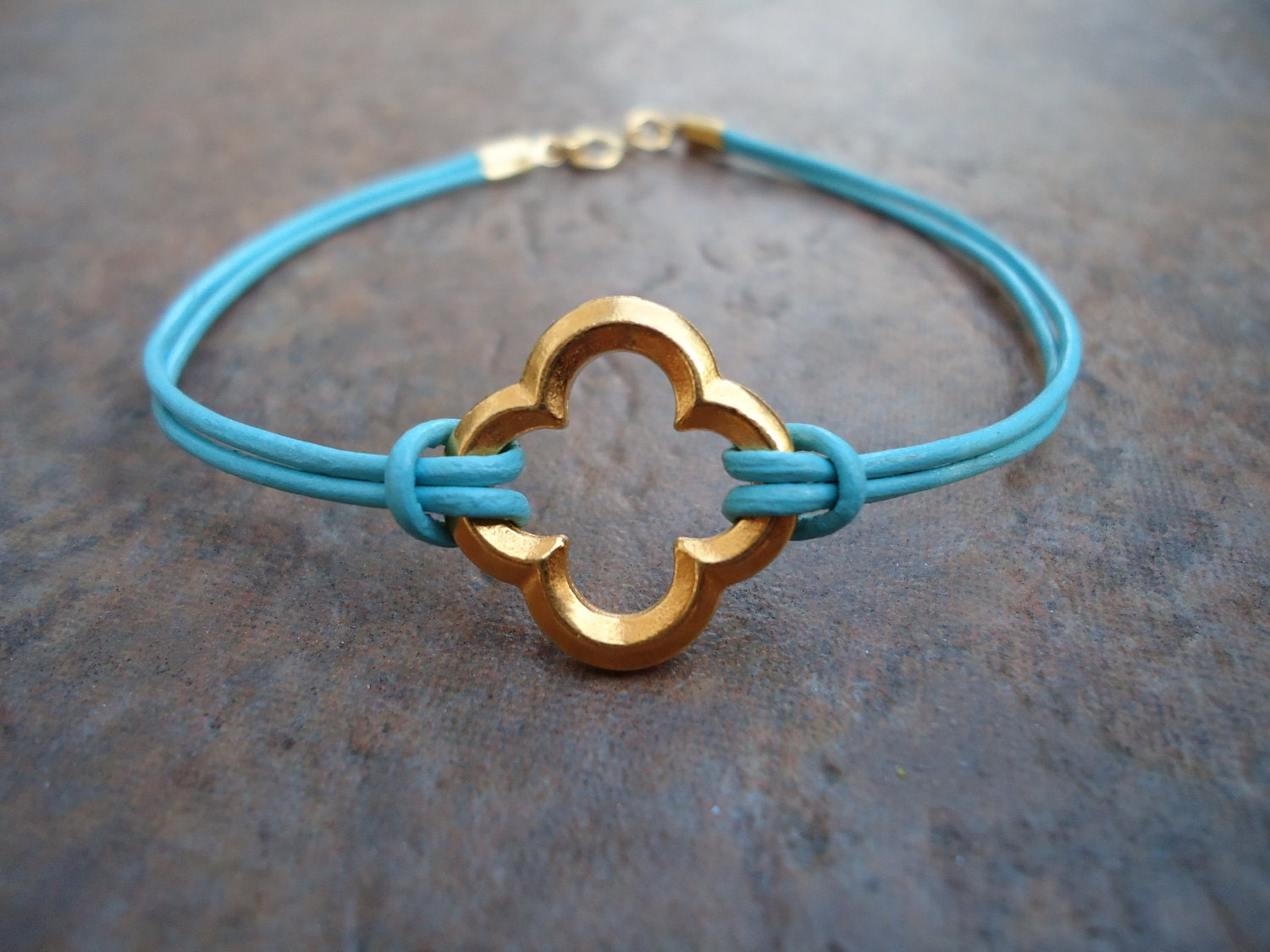 Robin Egg Blue Leather and Gold Quatrefoil Clover Leather Bracelet