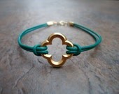 Emerald Green Leather Gold Quatrefoil Clover Bracelet