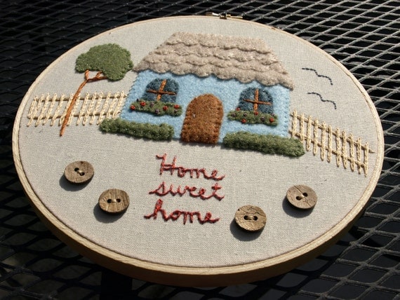 Hand embroidered cottage felt applique wall art ready to hang in 8" wooden embroidery hoop