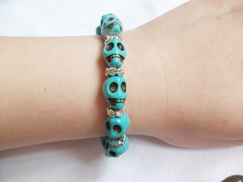 Blue Skull Bracelet Dyed Howlite Turquoise Beads With Crystal Spacers Elegant  Jewelry