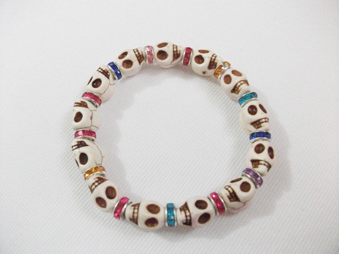 White  Skull Bracelet Dyed Howlite Turquoise Beads With Crystal Spacers Elegant  Jewelry