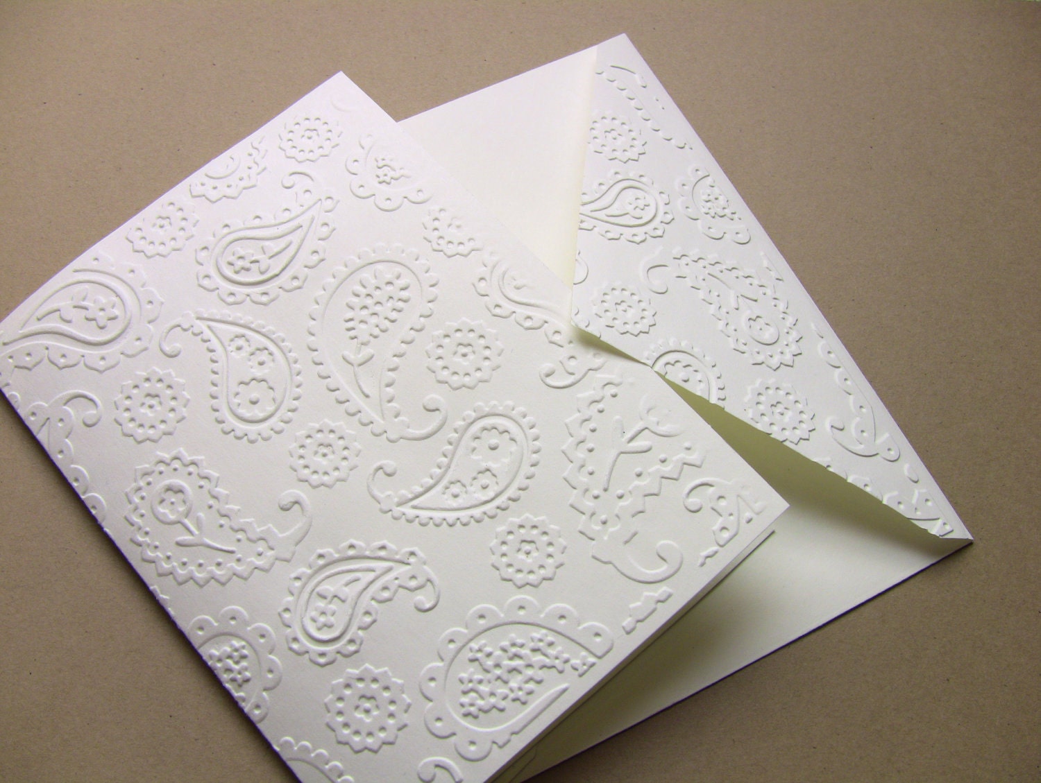 Set of 6 Hand Embossed Paisley Ivory Note Cards, Wedding Thank You Cards, Blank, and Matching Paisley Envelopes, Elegant