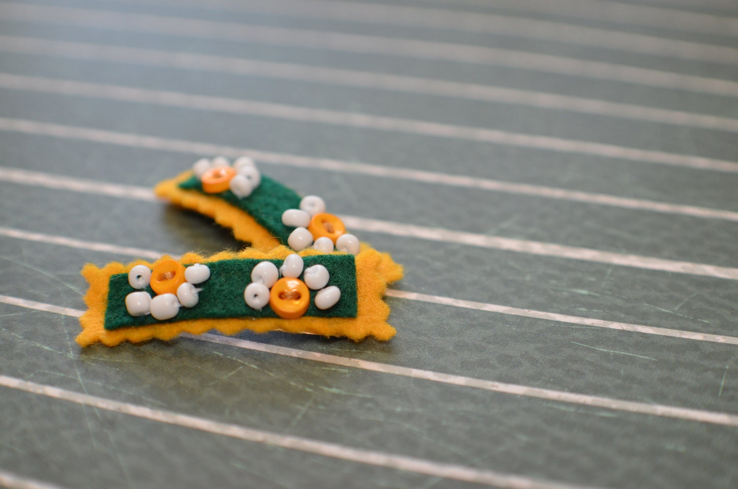Back to School Girls Hair Clip (set of 2) Team Spirit Collection : Gold & Green Hair Bow Felt Beaded