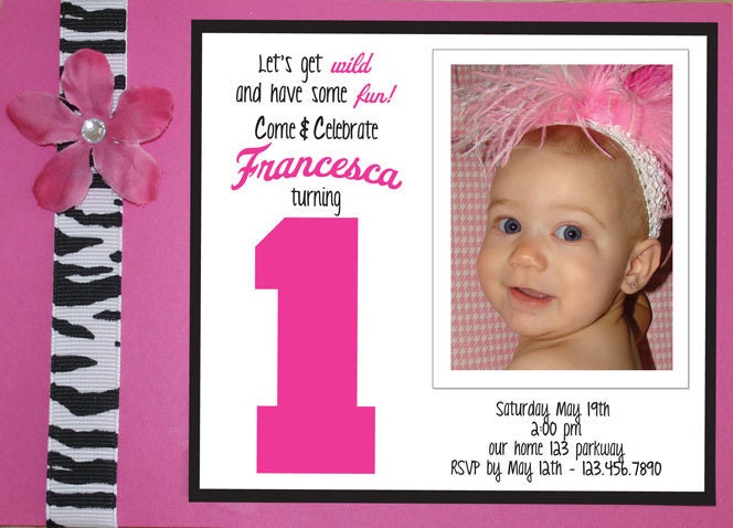 Zebra Birthday Invitation with applied zebra print ribbon, flower & rhinestone