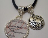 Globe Pendant Necklace World Map of Any Location Silver or Black Suede Chain