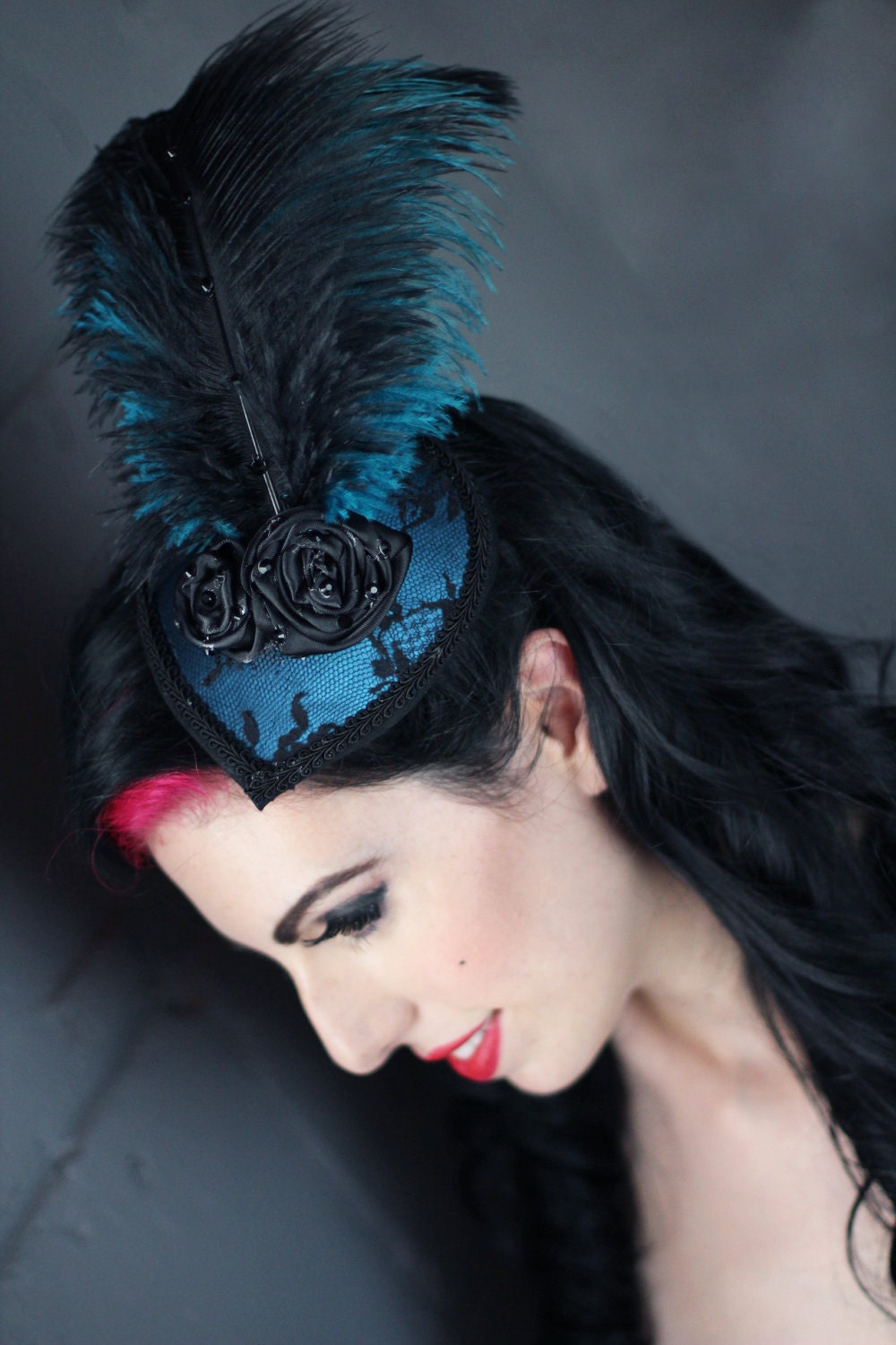 Blue hat ostrich feather teardrop crystal burlesque derby cocktail