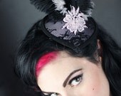 Lavender black hat ostrich feather teardrop crystal burlesque derby cocktail
