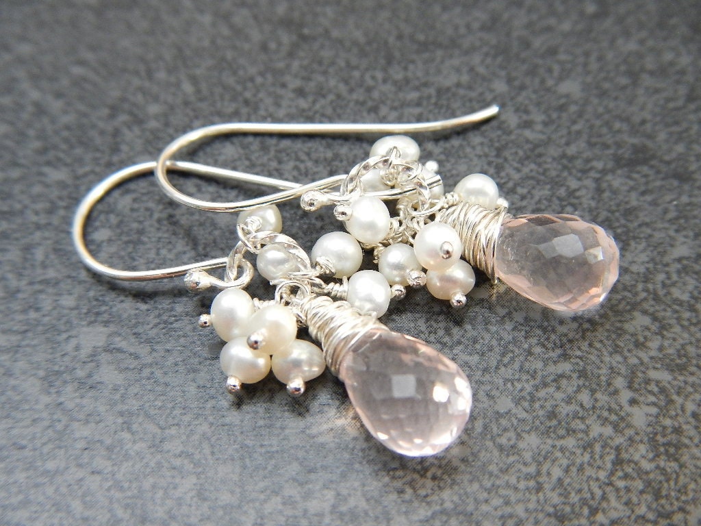 Rose Quartz Pearl Earrings in Sterling Silver, Handmade Spring Summer Everyday
