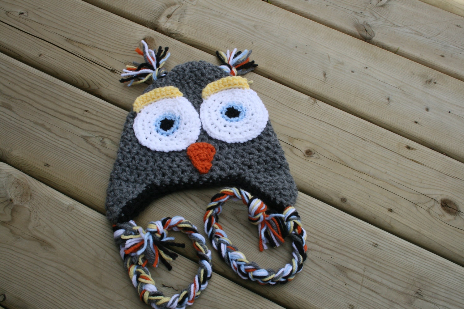Toddler Owl Hat Crochet - Newborn - Baby - Child - Girl - Boy - Grey with Orange Yellow Blue - Custom Made to Order