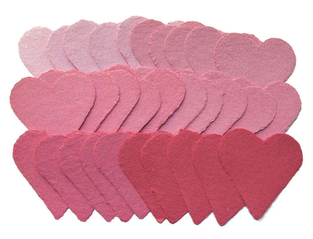 Handmade paper hearts, shades of pink, recycled, deckle edge set of 30