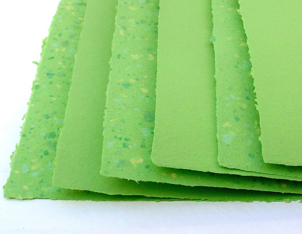 Apple green handmade paper assortment, recycled, deckle edge, 6 letter size sheets