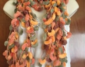 scarf, scarflette, lariat, knitted jewellery, multicoloured scarf, orange tones, wedding accessories, special occasion accessory