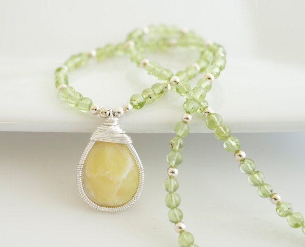 Peridot Necklace, Green and Yellow Necklace, Bezel SEt Necklace
