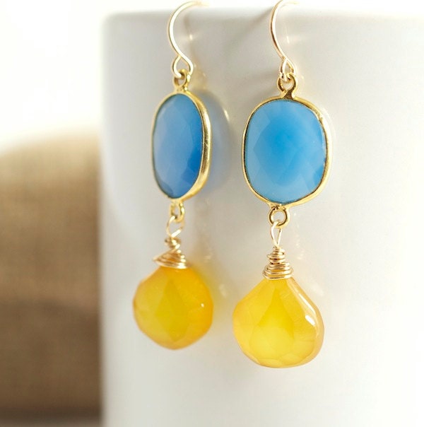 Blue Chalcedony Dangle Earrings, Wire Wrapped Dangle Earrings, Bezel Set Earrings