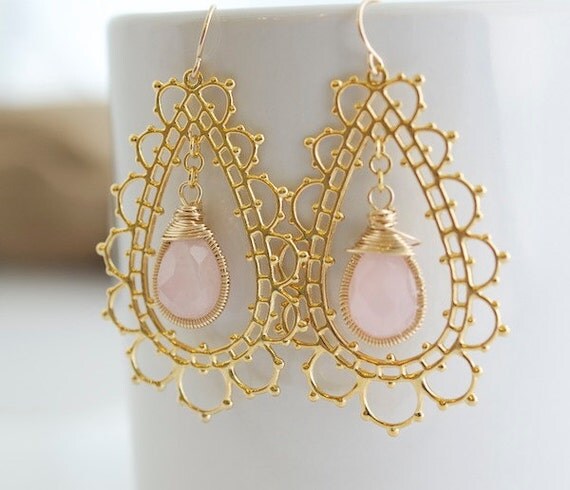 Rose Quartz Earrings - Bezel Set Stone Earrings - Gold and Pink Earrings - Bridal Jewelry