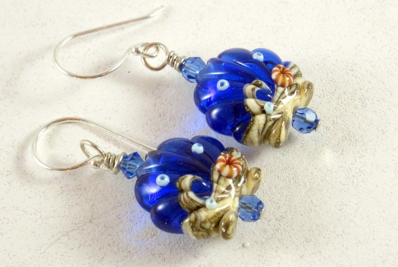 Blue Ses Shell Beaded Earrings, Lampwork Earrings, Beadwork Earrings, Dangle Earrings, Beaded Jewelry, Women's Jewelry, Gifts for Her