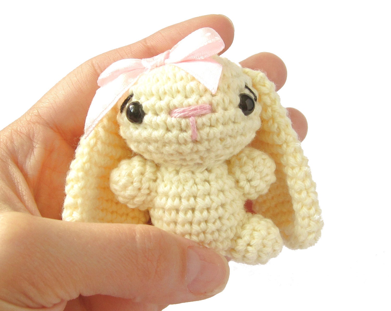 Miniature crocheted bunny - Soft toy rabbit with floppy ears - Amigurumi stuffed toy - Creamy white with pink details