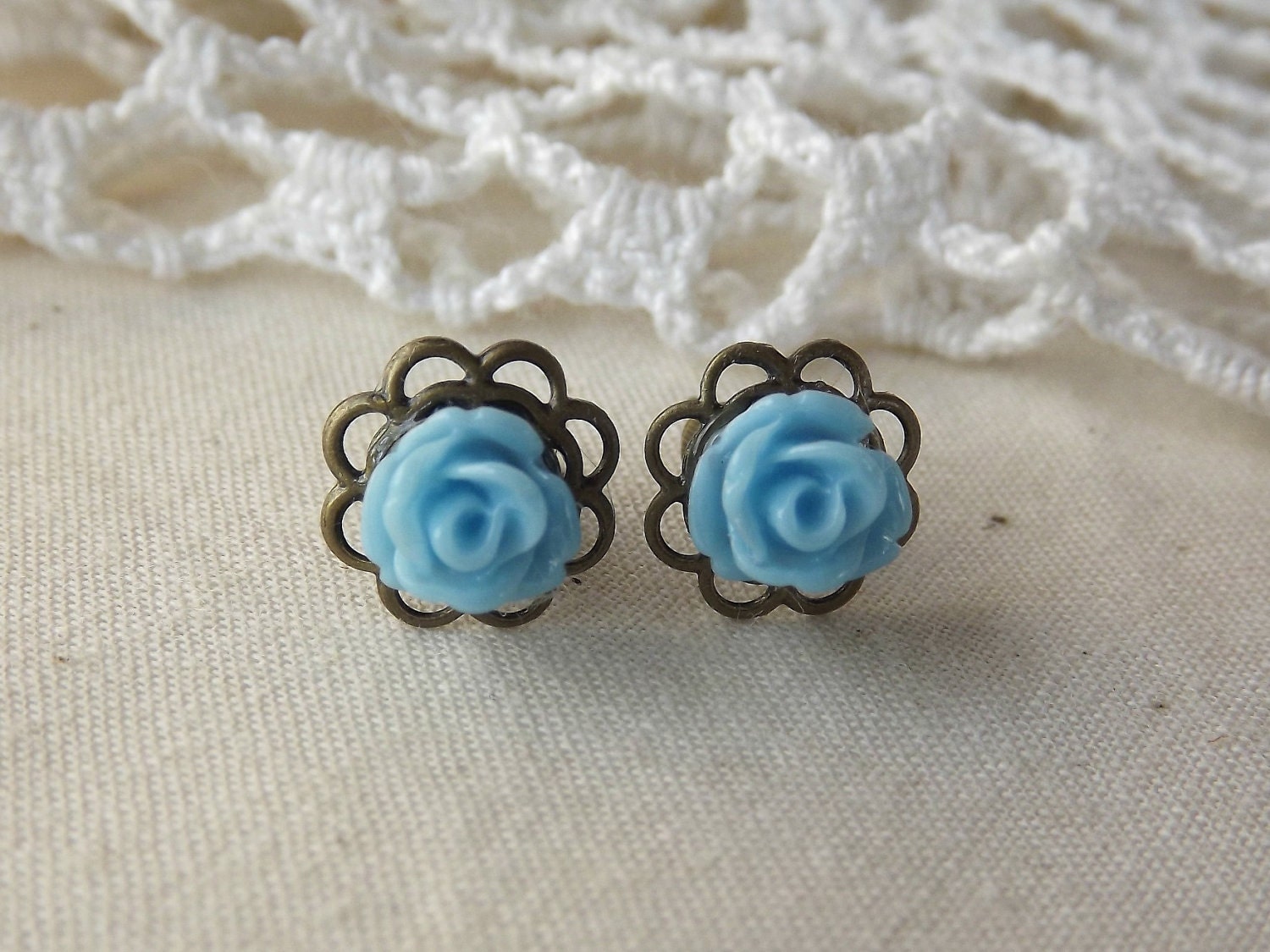 Blue Floral Rosebud Earrings in Antique Brass