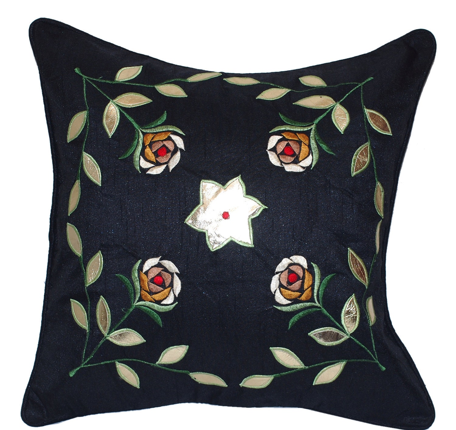 Flower Throw Pillow, Black Throw Pillow, Toss Pillow, Decorative Throw Pillow, Cushion Cover, Leaf, Flowers, Embroidered - 'Secret Garden'