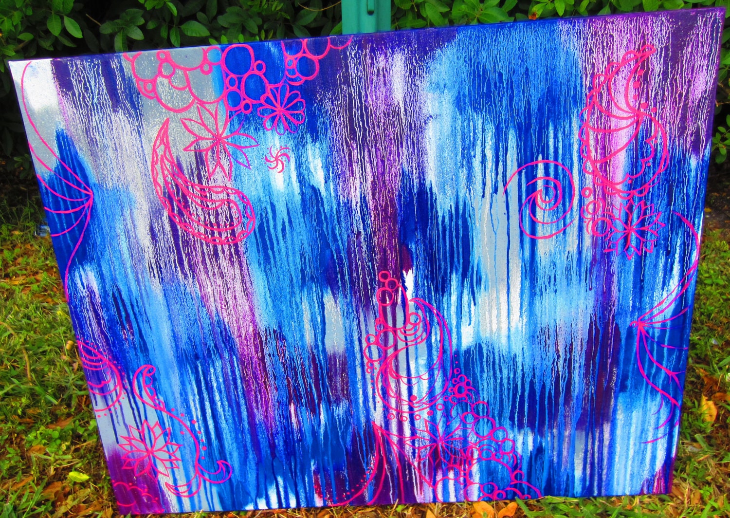 blue purple gray & pink paisley abstract oil painting 28"X30"