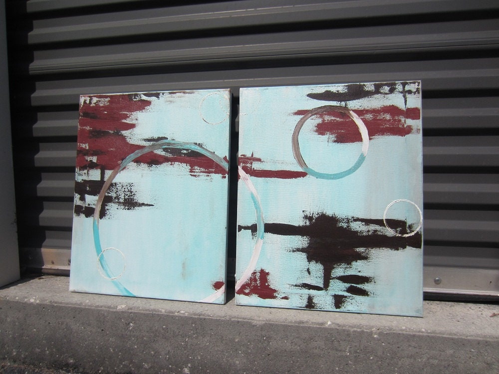 brown & turquoise modern abstract circle oil painting 2pc. 16x20 each
