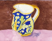 Original Watercolor - Jennifer Love Artwork Sicilian Pottery Pitcher Blue Yellow Pink Brown White Sicilian Blue art painting  OOAK SFA EBSQ