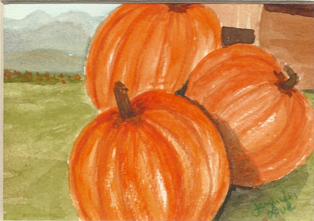 ORIGINAL WATERCOLOR - Jennifer Love Artwork Pumpkins pumpkin farm harvest Fall Harvest Halloween Pumpkins painting  OOAK - JenniferLoveArtwork