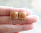 Geometric square with golden bronze circle stud earring